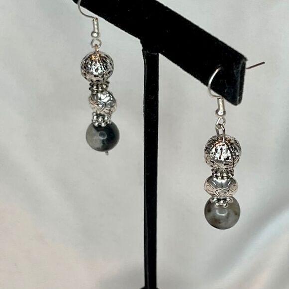 Silver Tone Dangle Earrings with Amazonite and Textured and Embossed Beads- NEW - Picture 2 of 4